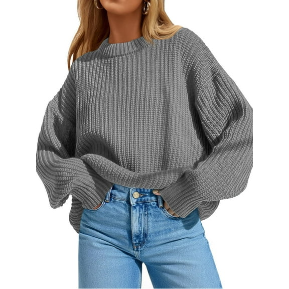 Women's Chunky Knit Sweater - Oversized Ribbed Crewneck Long Sleeve Top Fall Winter Casual Fashion