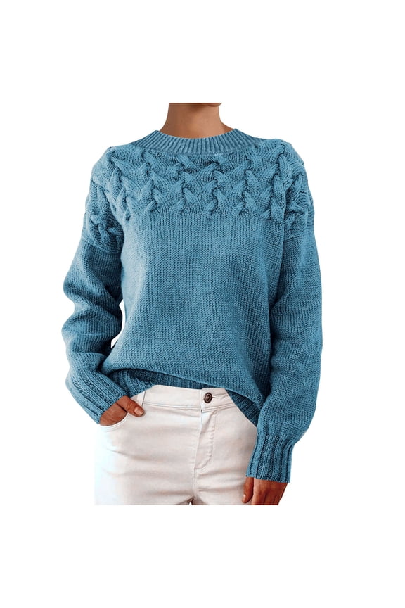 Women's Chunky Knit Sweater Solid Long Sleeve Crewneck Pullover Outwear Sky Blue 4XL