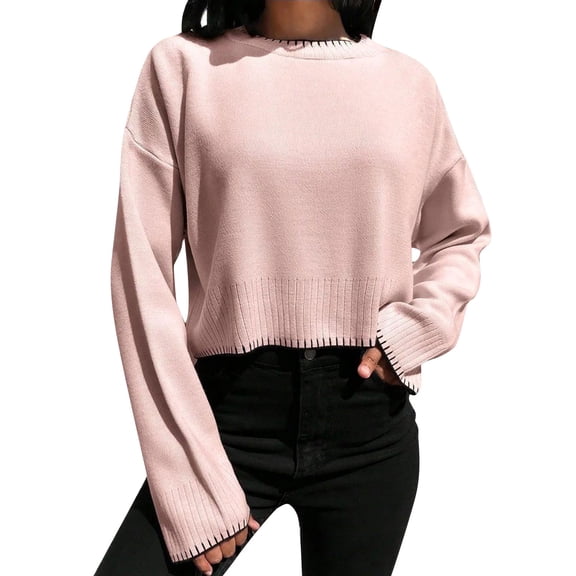 Women's Chunky Knit Sweaters Casual Long Sleeve Crew Neck Contrast Color Pullover Tops Loose Cropped Soft Jumper Top