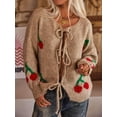 thumbnail image 1 of Women's Chunky Knit Tie-Front Cardigan with Cherry Pattern - Medium, Khaki, 1 of 7