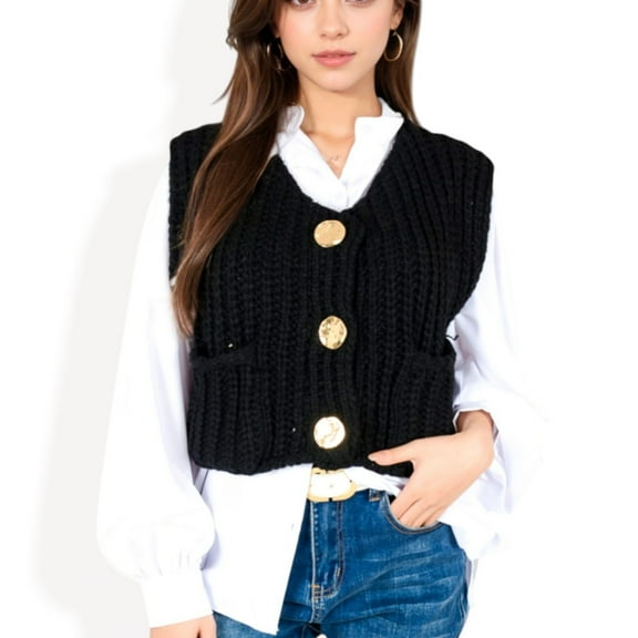 Women's Chunky Knit Vest with Oversized Buttons and Front Pockets - Medium, Black