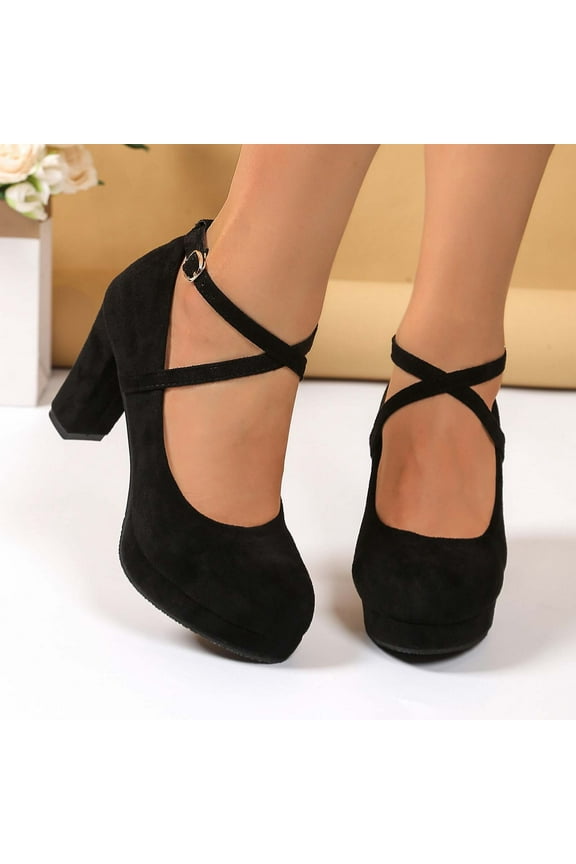 Women's Low Block Heels Mary Jane Closed Toe Work Pumps Round Toe Ankle Cross Straped Shoes