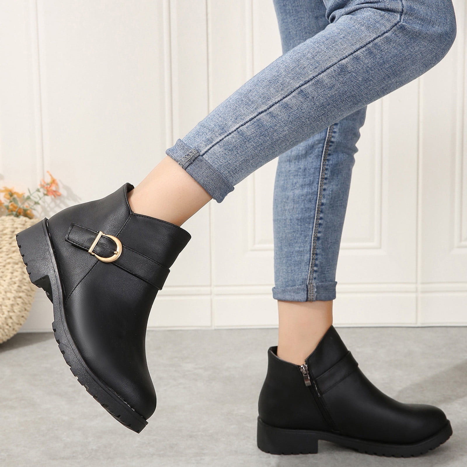 Women's Chunky Low Heel Ankle Boots Classic Round Toe Side Zipper Buckle  Short Bootie 2023 Winter Pull On Fall Dress Shoes