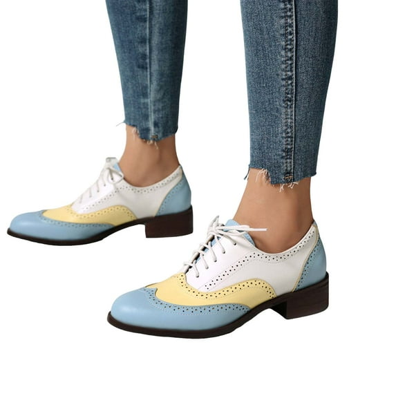 Women's Chunky Low Heels Wingtip Oxfords Shoes Pointed Toe Lace Up Low Top Vintage Pumps Shoes