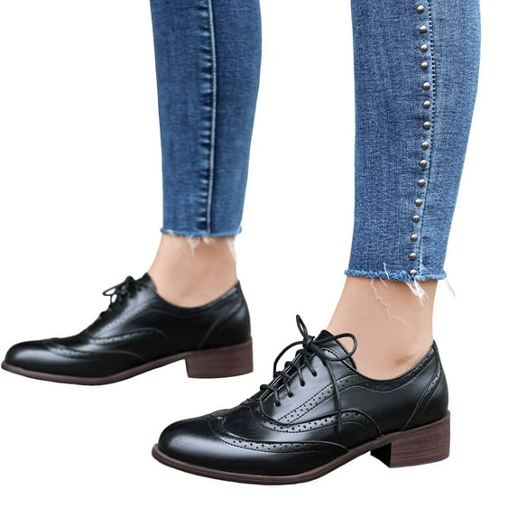 Women's Chunky Low Heels Wingtip Oxfords Shoes Pointed Toe Lace Up Low Top Vintage Pumps Shoes