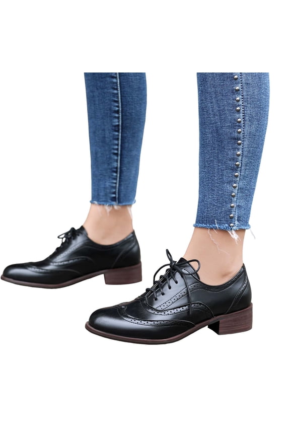 Women's Chunky Low Heels Wingtip Oxfords Shoes Pointed Toe Lace Up Low Top Vintage Pumps Shoes