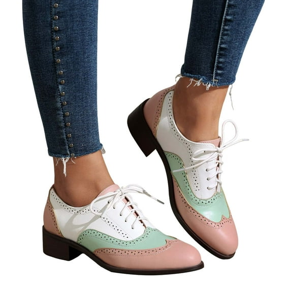 Women's Chunky Low Heels Wingtip Oxfords Shoes Pointed Toe Lace Up Low Top Vintage Pumps Shoes