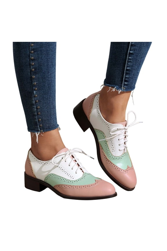 Women's Chunky Low Heels Wingtip Oxfords Shoes Pointed Toe Lace Up Low Top Vintage Pumps Shoes