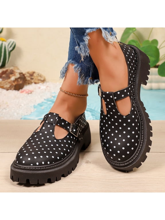 Women's Chunky Mary Janes Thick Platform Shoes Polka Dot Buckle Strap Round Toe Non Slip Casual Loafers for Women Dressy School T Strap Shoes