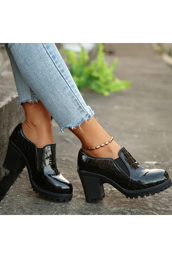 Women's Chunky Platform Block Heel Short Chelsea Booties Glossy Croc Pattern Patent Leather Round Toe Elastic Gore Slip On Casual Autumn Winter Ankle Boots