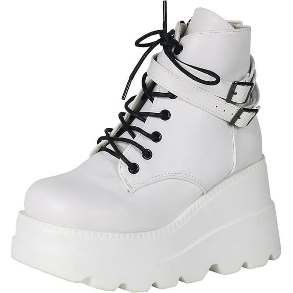 Women's Chunky Platform Combat Booties | High Wedge Heel, Side Zipper & Lace-Up Ankle