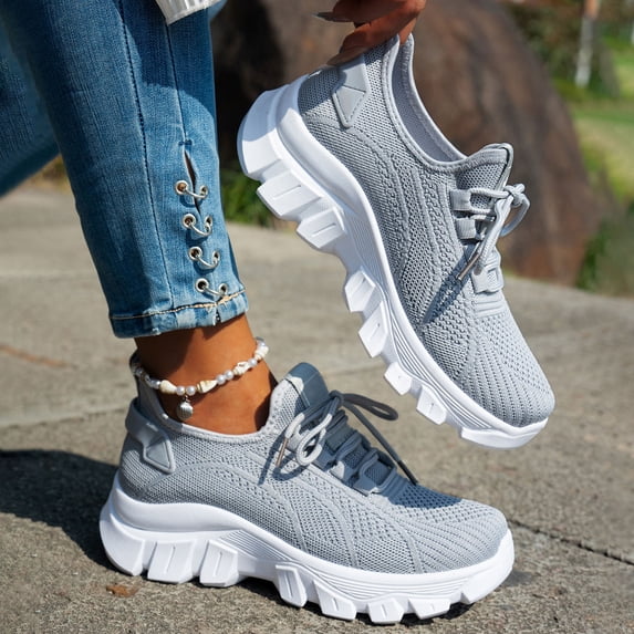 Women's Chunky Platform Comfort Orthopedic Wedge Walking Shoes Fashion Knitted Breathable Lace Up Lug Sole Casual Non-Slip Running Shoes with Arch Support