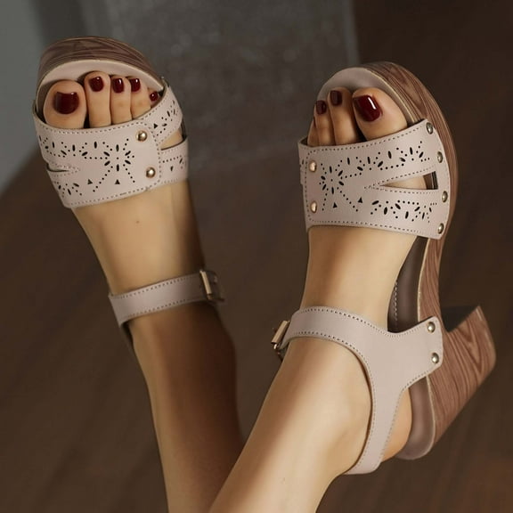 Women's Chunky Platform High Heels Ankle Strap Block Heel Sandals Beige 6