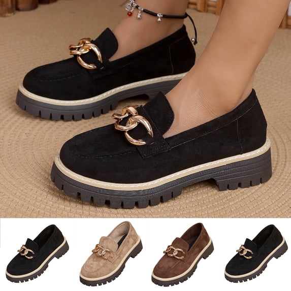 Women's Chunky Platform Loafers, Trendy Suede Slip On Shoes with Gold Chain Detail, Comfortable Lug Sole Block Heel Pumps, Plus Size Available for Wide Feet, Fashionable Casual Dress Shoes