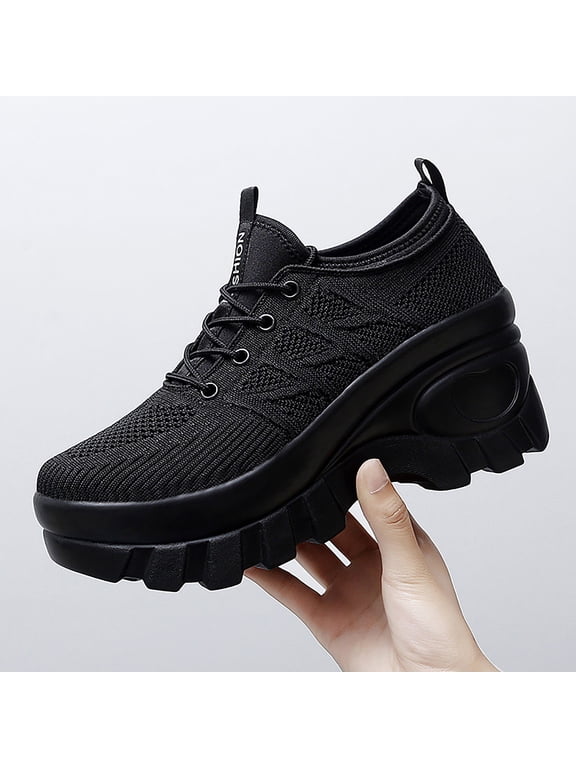 Women's Chunky Platform Orthopedic Wedge Walking Shoes Fashion Knitted Breathable Lace Up Casual Non-Slip Running Shoes with Arch Support
