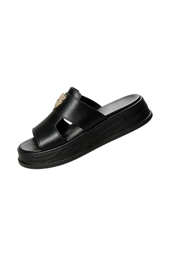 Women's Chunky Platform Sandals Platform W Slide Sandals With Gold Emblem Faux Leather Open Toe Mules Comfortable Trendy Thick Sole Spring Summer Slippers Fashionable Outer Wear 2026