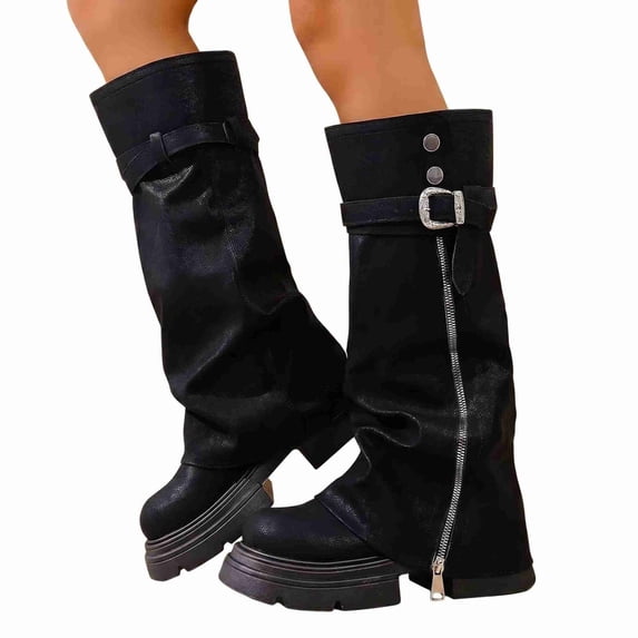 Women's Chunky Platform Slouch Boots - Side Zipper & Buckle Detail Mid-Calf Biker Boots (Multi-Color Options)