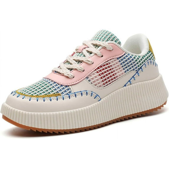 Women’s Chunky Platform Sneakers | Orthopedic Walking Shoes with Arch Support | Breathable Knit Uppers | Casual Shoes with Non-Slip Rubber Outsole | Perfect for Travel, Shopping | White Tennis Shoes