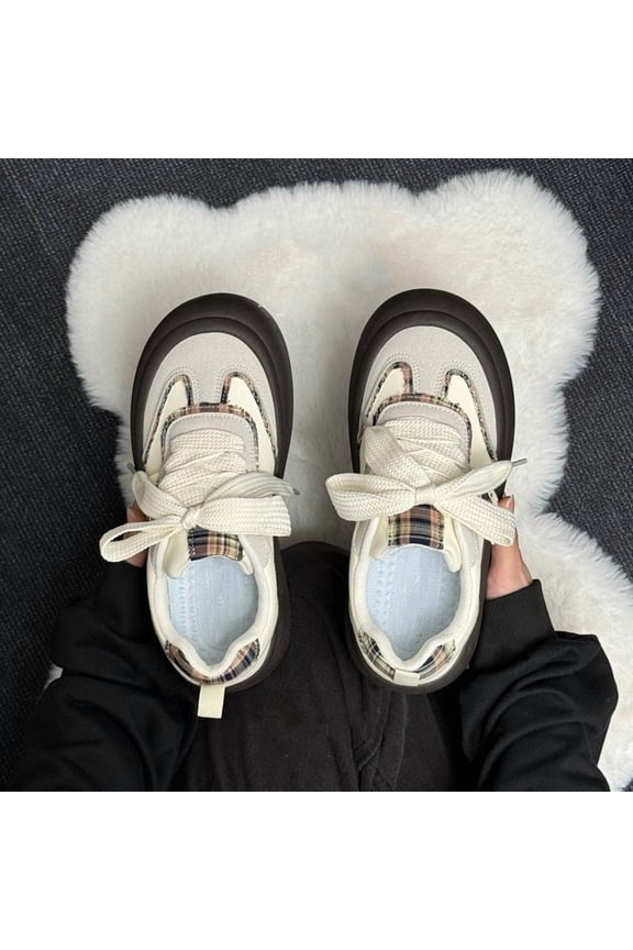 Women's Chunky Platform Sneakers with Thick Platform - Cute Lace-Up Low-Top Kawaii Shoes, Soft / Sole & Cushioned Insole, Multi-Color Plaid & Solid for - Casual Wear
