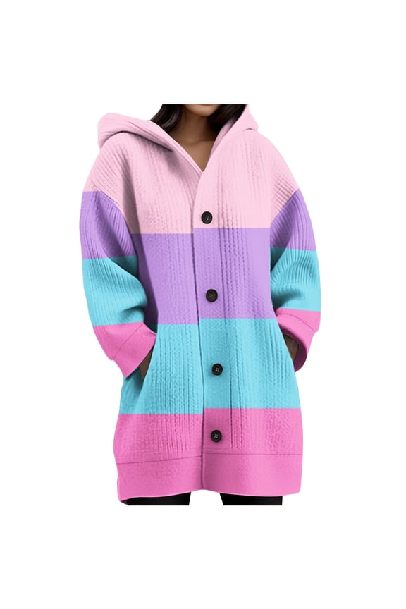 Women's Chunky Ribbed Cardigan: Fleece-Lined Color Block Long Knit Sweater - Button Up Open Front Winter Coat w/ Pockets Warm Oversized Layer