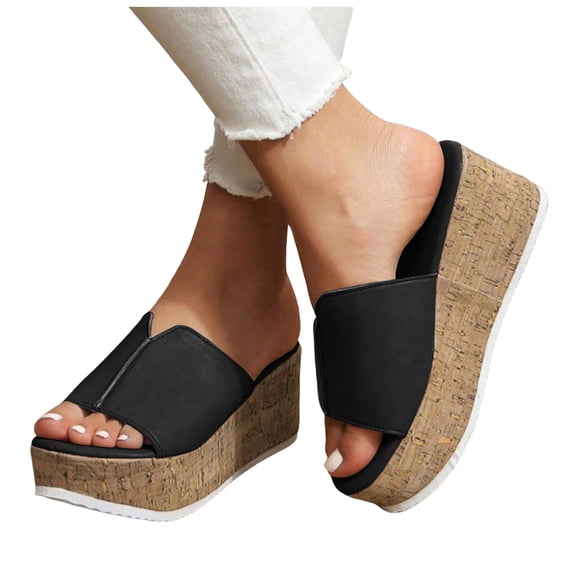 Women's Chunky Slides Sandals Fashion Leather Peep Toe Platform Wedge Slip on High Heels Dress Heeled Shoes