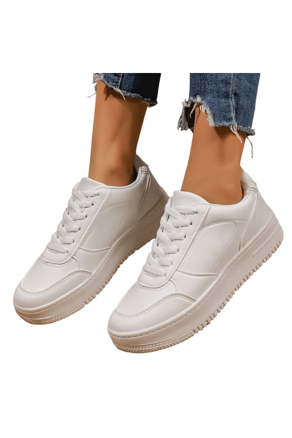 Women's Chunky Slip On Sneakers Non Slip Lace Up Skate Walking Tennis Shoes Leather Platform Retro Casual White Shoes White Size 7