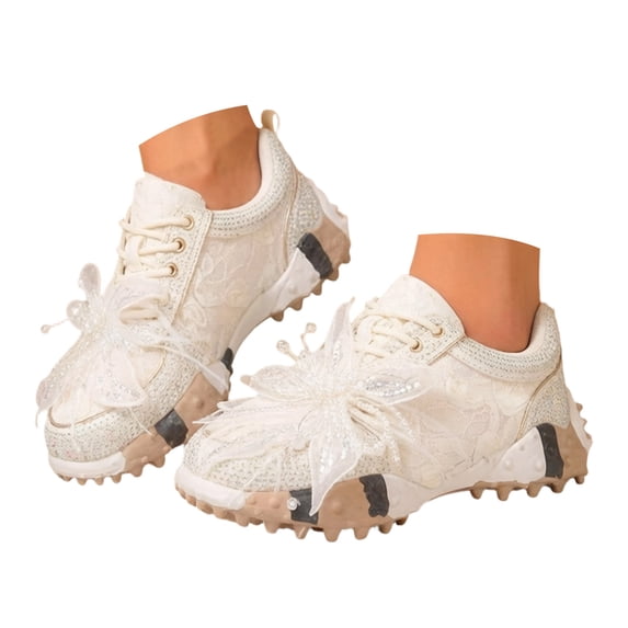 Women's Chunky Sneakers Breathable Lace up Platform Beading Flower Walking Sneakers Non Slip Running Fashion Casual Shoes White Size 6.5