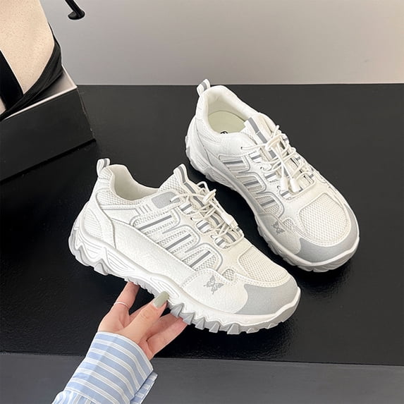 Women's Chunky Walking Sneakers Breathable Mesh PU No Tie Non Slip Cushioned Athletic Shoes for Gym Running Casual Work