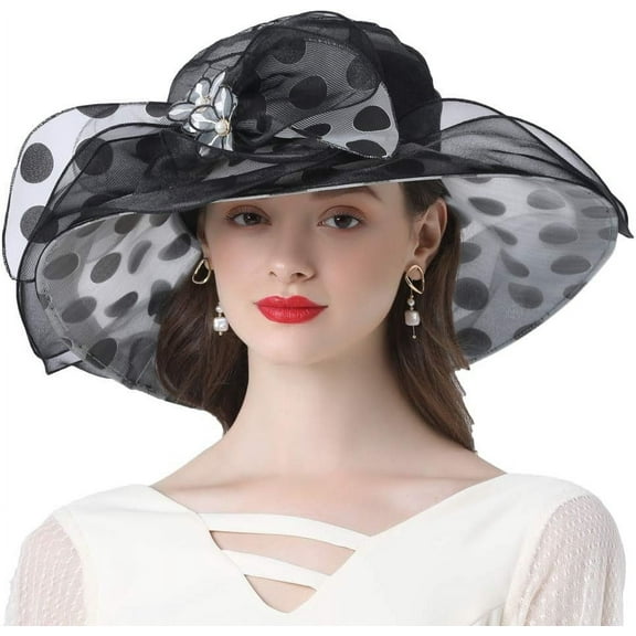 Women's Church Derby Tea Party Wedding Hat Polka Dot Wide Brim Organza Hat