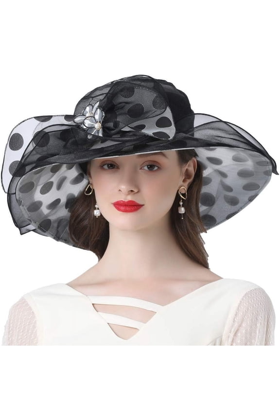 Women's Church Derby Tea Party Wedding Hat Polka Dot Wide Brim Organza Hat