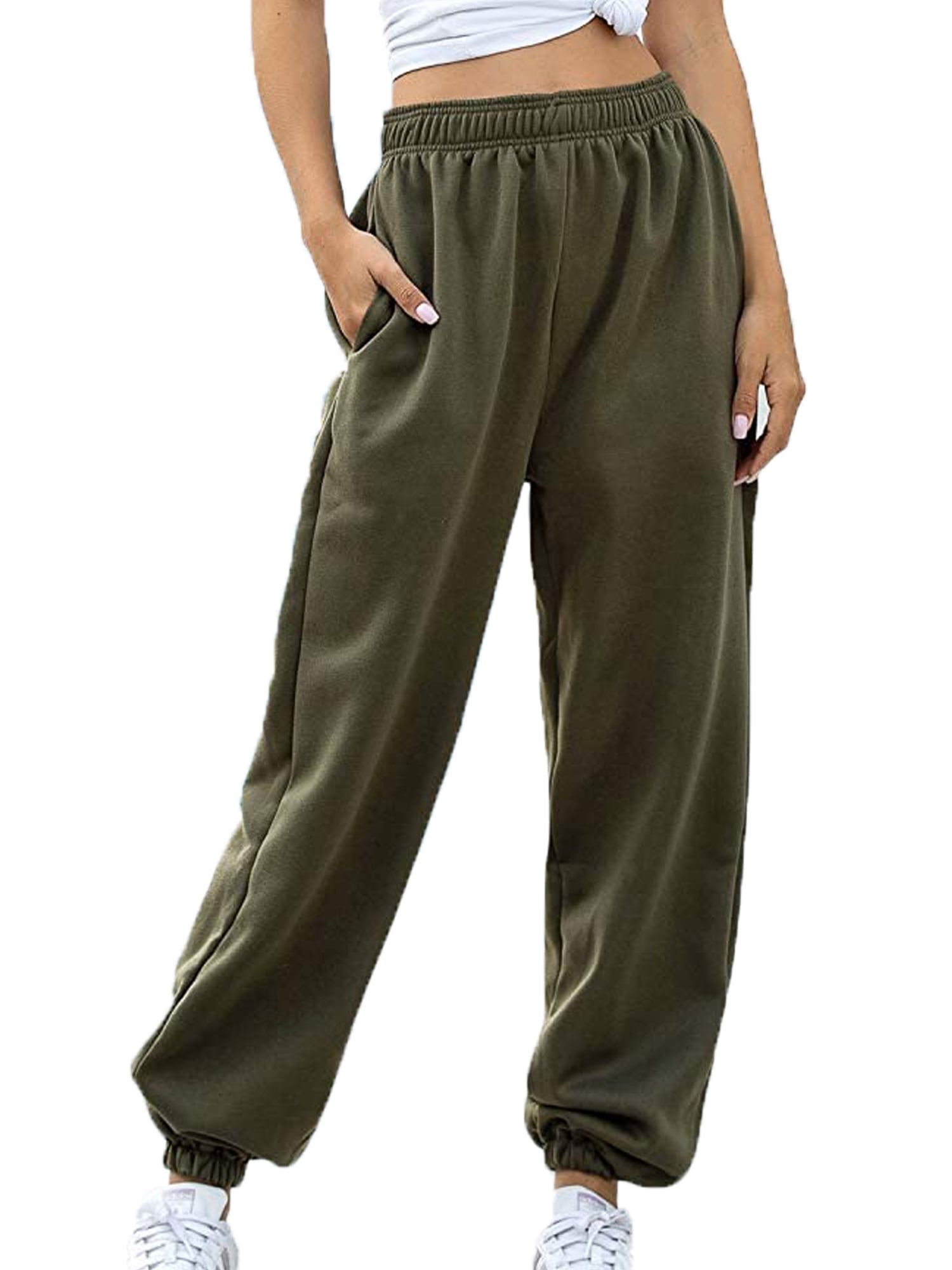 Women s Cinch Bottom Sweatpants Pockets High Waist Sporty Gym Athletic Fit Jogger Pants Lounge Trousers Army Green XL Walmart