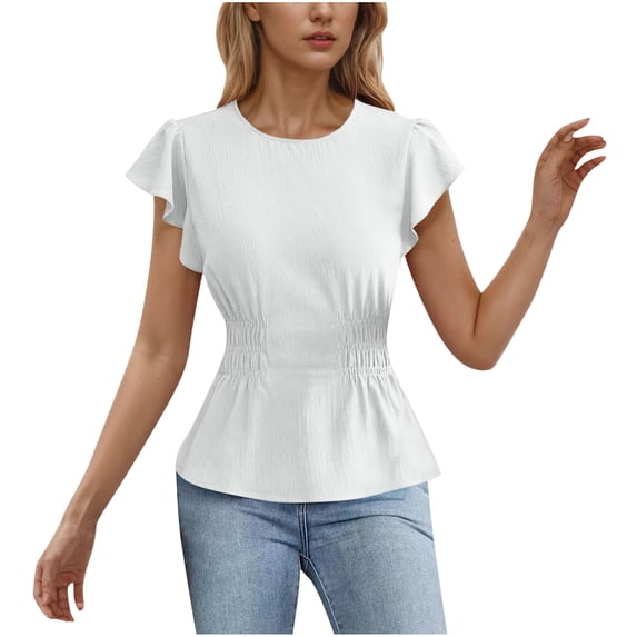 Women's Cinch Waist Blouse Round Neck Flutter Sleeve Solid Color Fitted Shirt Feminine Chic Top with Ruffle Detail