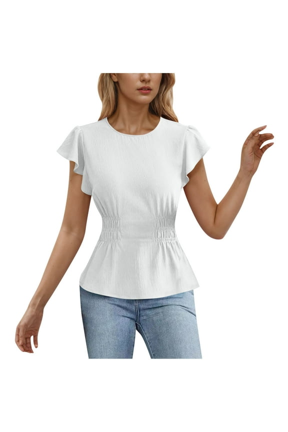 Women's Cinch Waist Blouse Round Neck Flutter Sleeve Solid Color Fitted Shirt Feminine Chic Top with Ruffle Detail