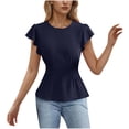 thumbnail image 1 of Women's Cinch Waist Blouse Round Neck Flutter Sleeve Solid Color Fitted Shirt Feminine Chic Top with Ruffle Detail, 1 of 4
