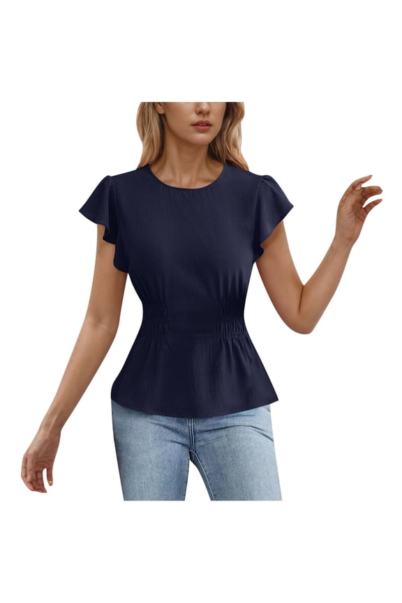 Women's Cinch Waist Blouse Round Neck Flutter Sleeve Solid Color Fitted Shirt Feminine Chic Top with Ruffle Detail