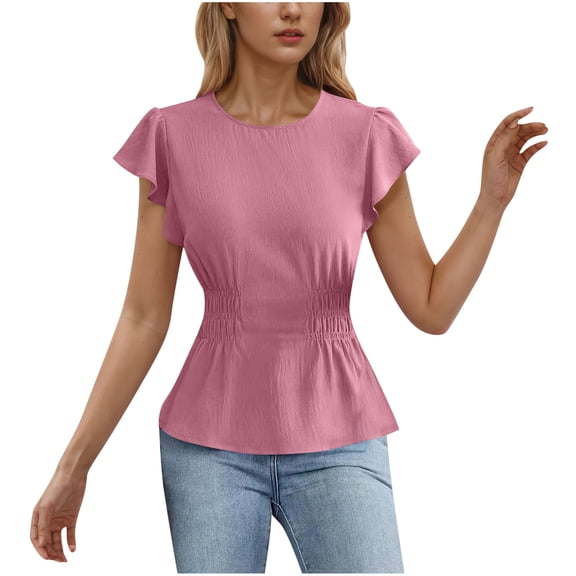 Women's Cinch Waist Blouse Round Neck Flutter Sleeve Solid Color Fitted Shirt Feminine Chic Top with Ruffle Detail