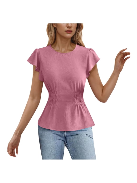 Women's Cinch Waist Blouse Round Neck Flutter Sleeve Solid Color Fitted Shirt Feminine Chic Top with Ruffle Detail