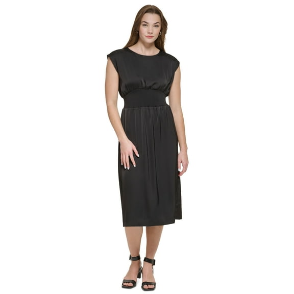 Women's Cinch Waist Sleeveless Satin Midi Dress Black L