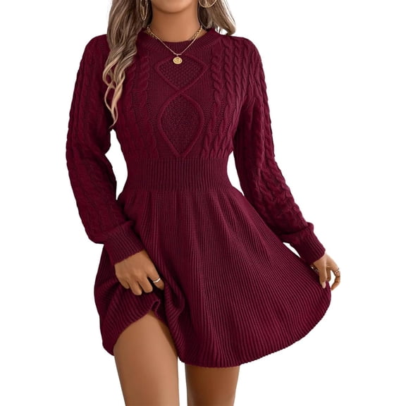Women’s Cinched Waist Cable Knit Sweater Dress Long Sleeve Crewneck A-Line Mini Dress