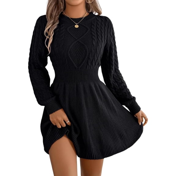 Women’s Cinched Waist Cable Knit Sweater Dress Long Sleeve Crewneck A-Line Mini Dress