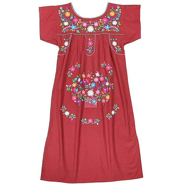 Women's Cinco De Mayo Relaxed Floral Mexican Puebla Style Cotton  Embroidered Dress 