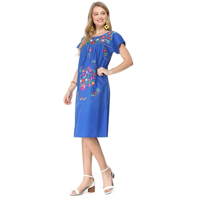 Women's Cinco De Mayo Relaxed Floral Mexican Puebla Style Cotton  Embroidered Dress 