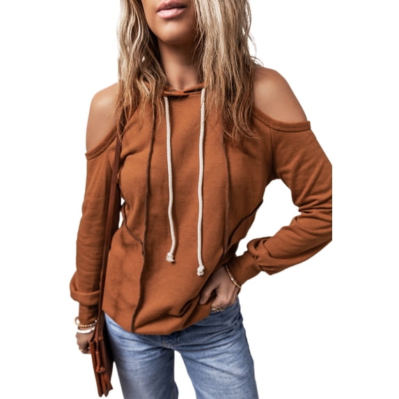 Women's Cinnamon Exposed Seam Cold Shoulder Drawstring Hoodie