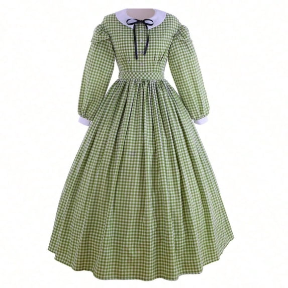 Women's Civil War Dress Victorian Dickens Costume Green Plaid Skirt