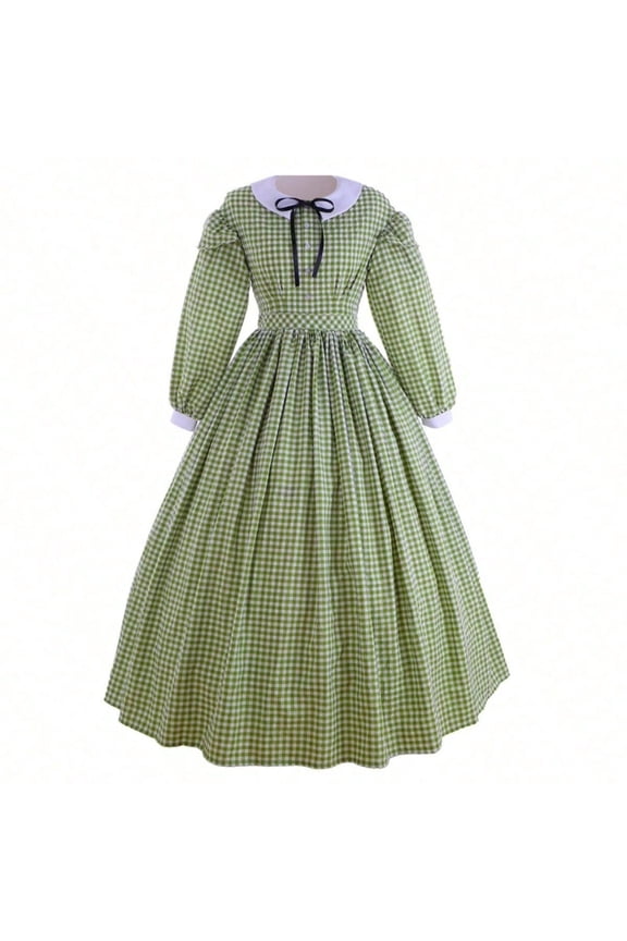 Women's Civil War Dress Victorian Dickens Costume Green Plaid Skirt