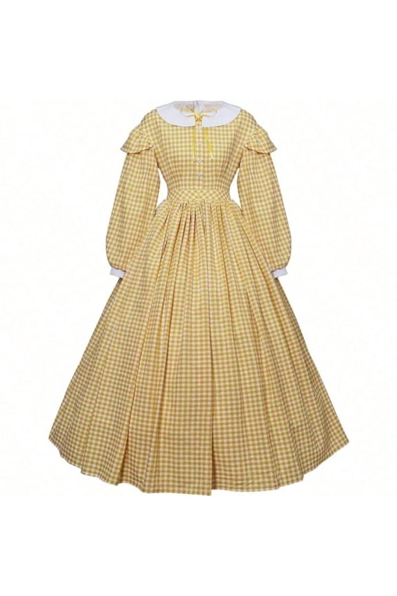 Women's Civil War Dress Victorian Dickens Costume Yellow Plaid Skirt