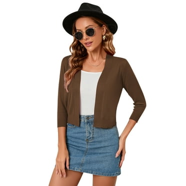Women's Classic 3/4 Sleeve Open Front Cropped Cardigan Sweater Lightweight Knit Short Shrugs