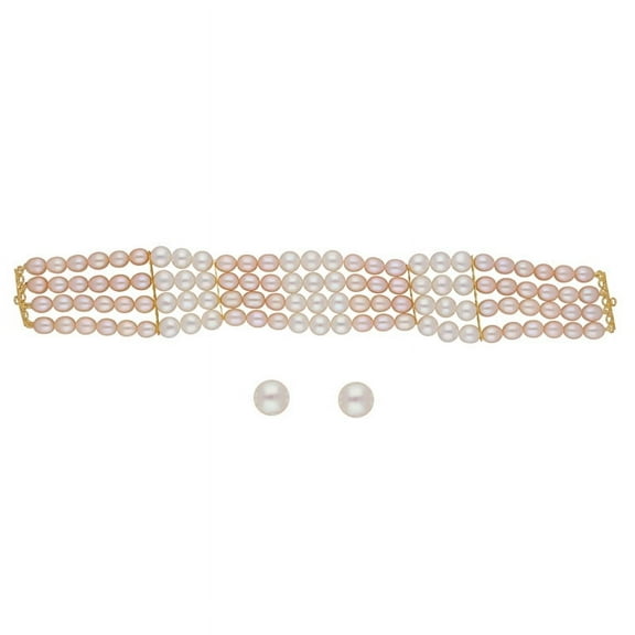 Women's Classic 4 Lines Pearl Choker Set Includes Stud Earrings