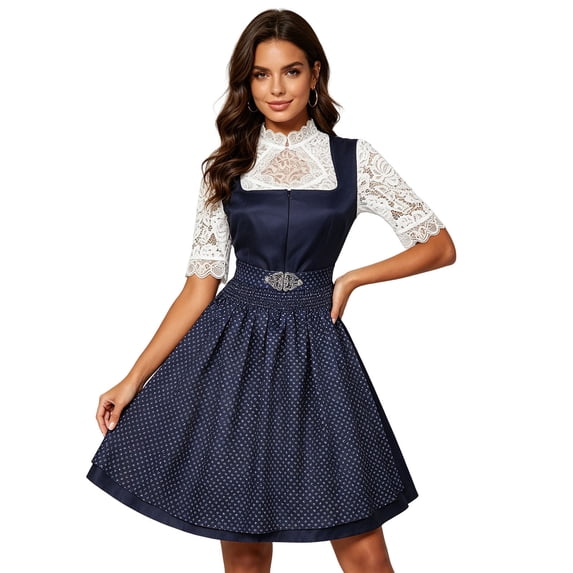 Women's Classic Bavarian Dirndl Set, Square Neck High Waist Flared Skirt Suspender Dress Matching 3/4 Sleeve Lace Trim Blouse Blue M(M)