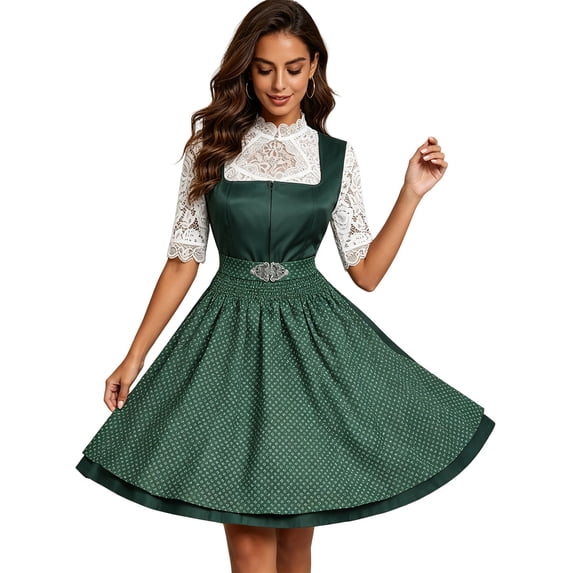 Women's Classic Bavarian Dirndl Set, Square Neck High Waist Flared Skirt Suspender Dress Matching 3/4 Sleeve Lace Trim Blouse Green S(S)